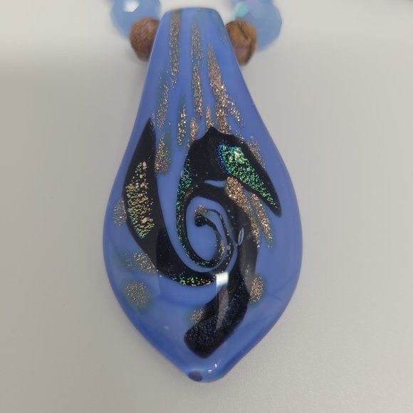 28" Czech Glass/AB Glass Blue and Wood Colored Beads with Lampwork Glass Pendant - Picture 3 of 4